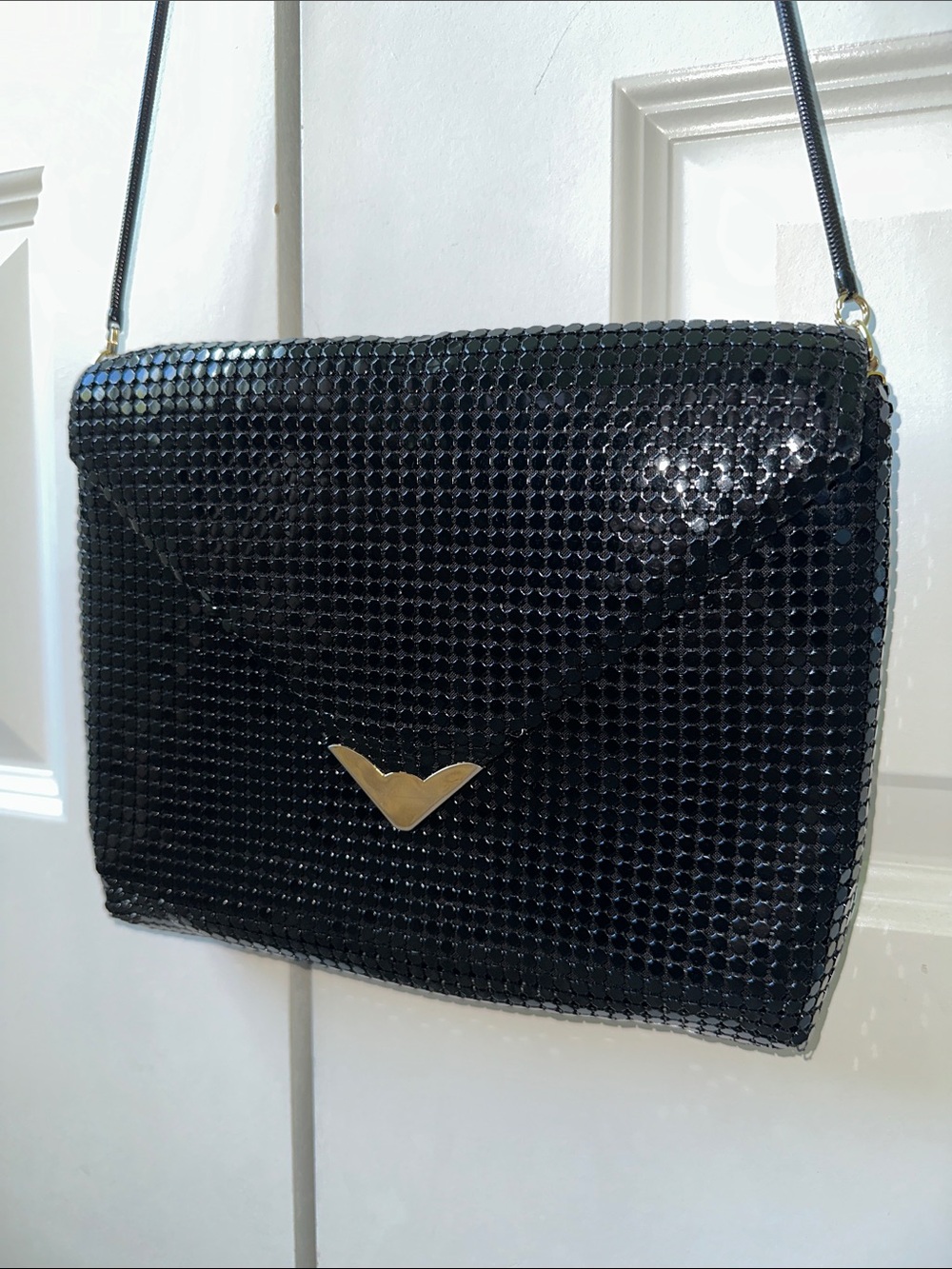 Vintage Black Sequined Envelope Crossbody with Gold V Accent
